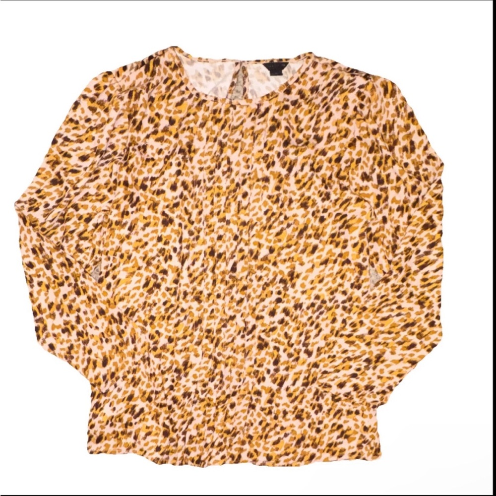 Ann Taylor Leopard Print Pleated Long Sleeve Blouse XS Round Neck Brown